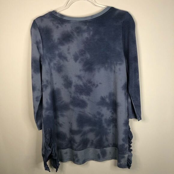 Cupio Blue Tie Dye Blue 3/4 Sleeve Ruffle Side Top - Picture 6 of 6